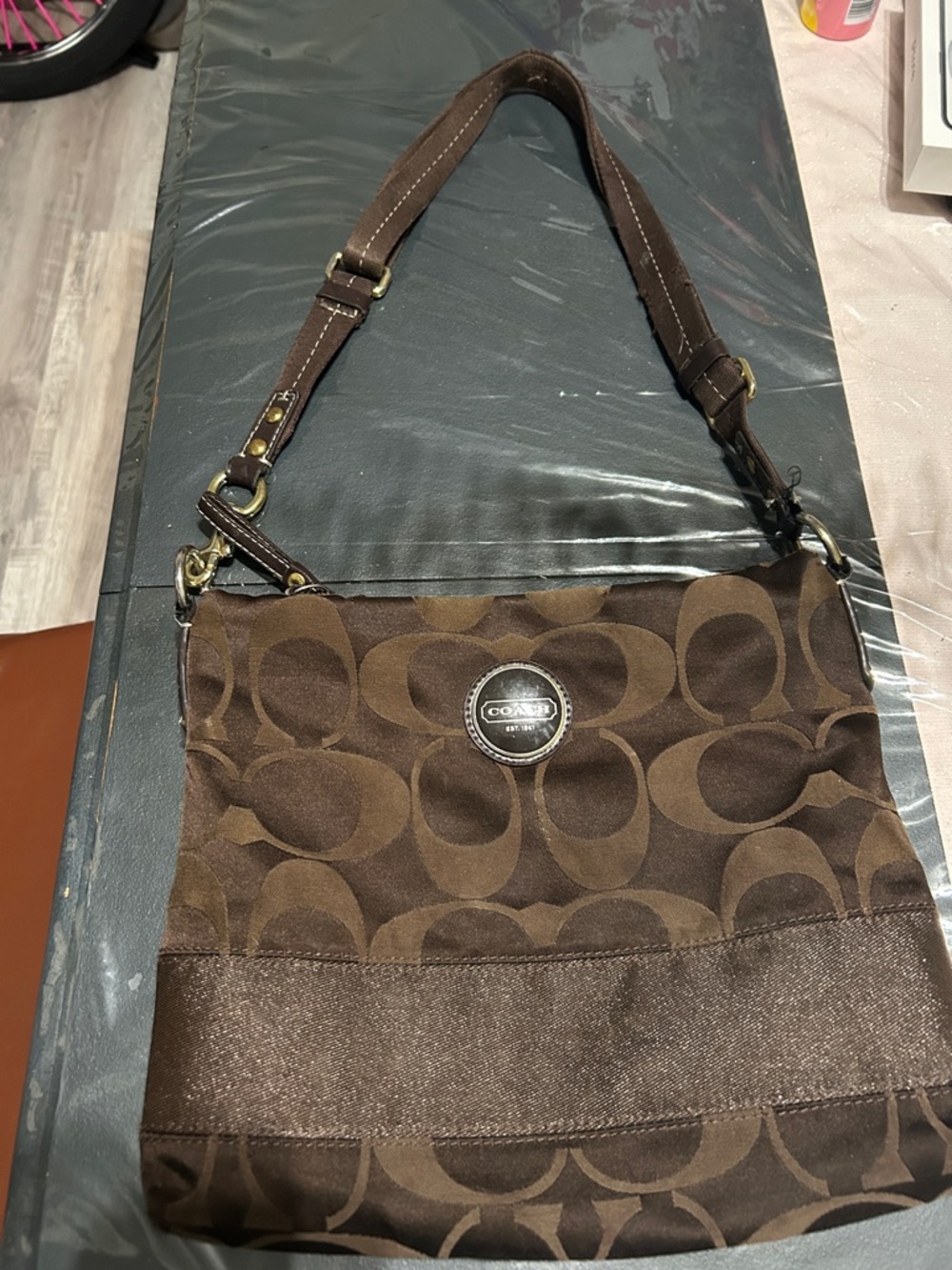 Coach Brown Signature Jacquard Shoulder Bag with Adjustable Strap
